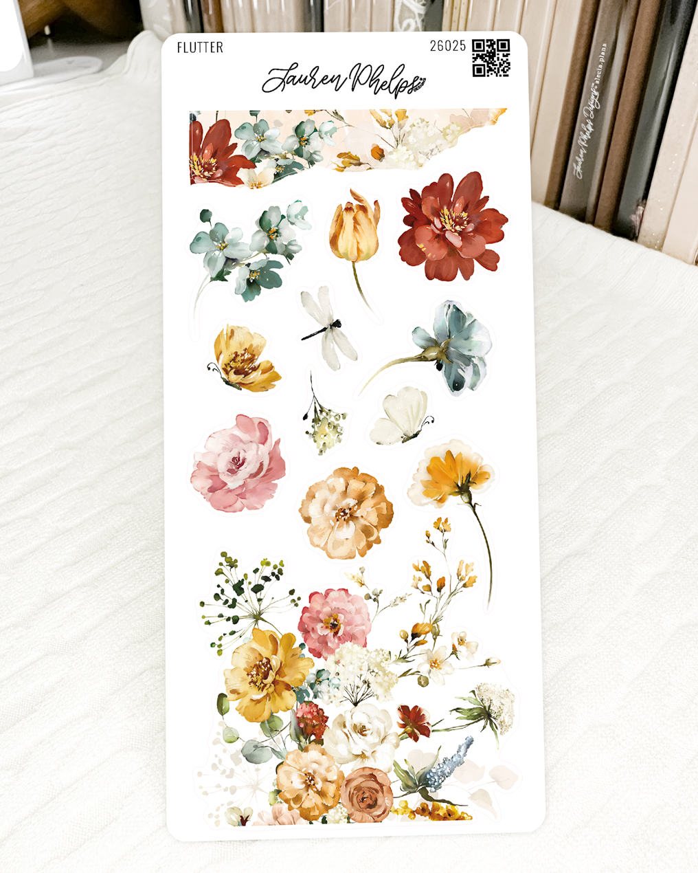Lauren Phelps Flutter Collection Deco 3 sticker sheet with watercolor florals, birds and butterflies